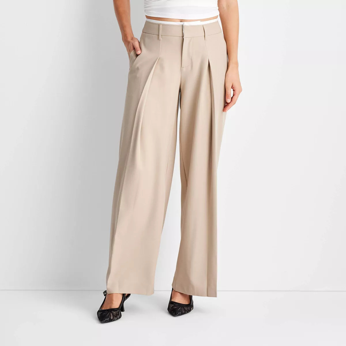 Women's Mid-Rise Wide Leg Contrast Waistband Trousers - Future Collective | Target
