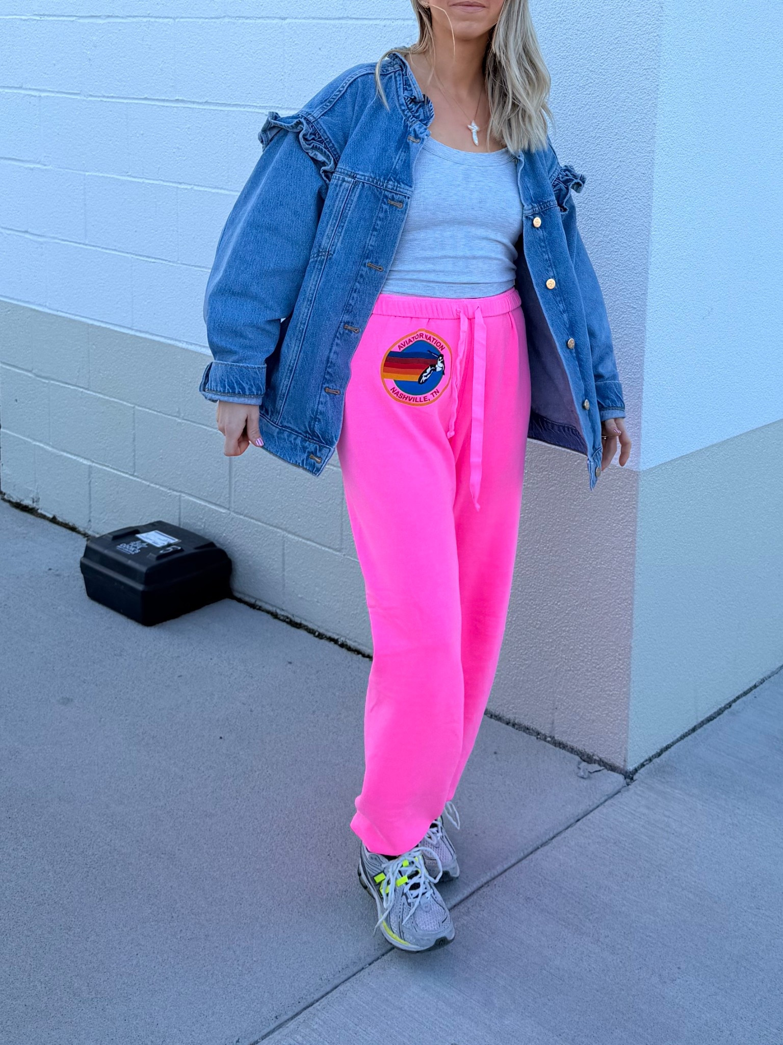 Size medium jacket
Size medium sweatpants 
Size small long sleeve top 
Sneakers true to size (6)

#LTKmomlife