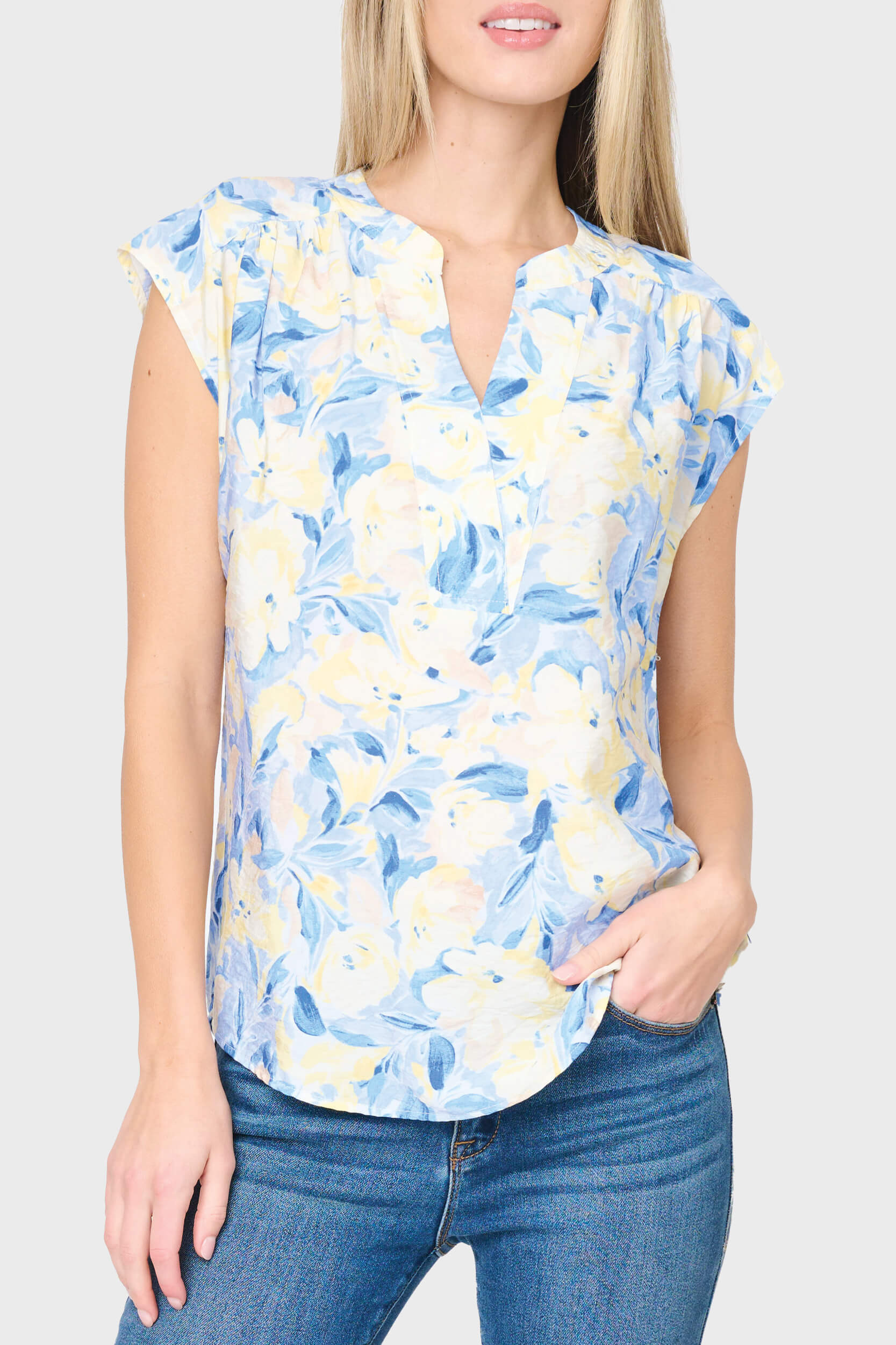 Cap Sleeve Notch Neck Blouse | Women's Floral Work Top | Gibson