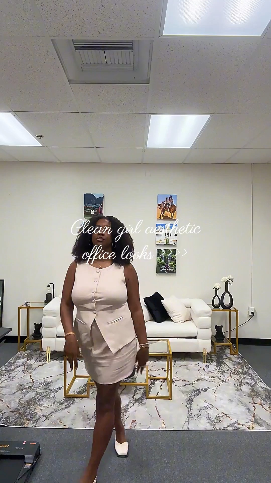 Minimalist, neutral 2 piece vest with mini skirt suit set. #cleangirlaesthetic #corporatebaddie #officelooks