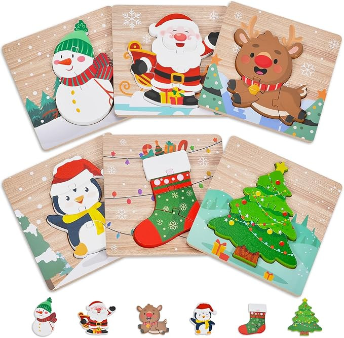 6 Pack Christmas Wooden Puzzles for Kids Christmas Stocking Stuffers for Toddlers 1-3 2-4 Toddler... | Amazon (US)