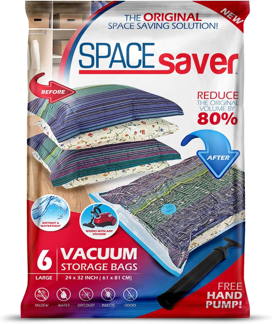 Spacesaver Vacuum Storage Bags with Hand Pump, Large, 6 Pack | Amazon (US)