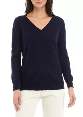 The Cashmere Project Women's Long Sleeve V-Neck Cashmere Sweater, Navy Blue, XS | Belk