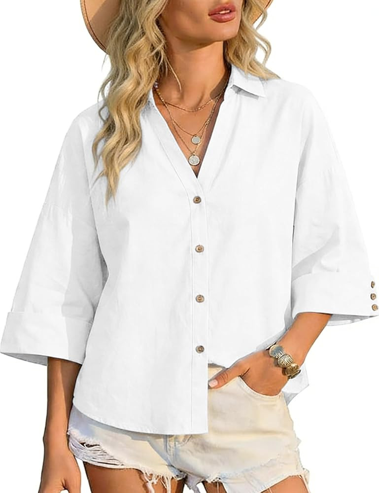 Watashi Women Button Down Shirt Casual Loose Fit Wide 3/4 Sleeve Poplin Shirts Collared Office Wo... | Amazon (US)