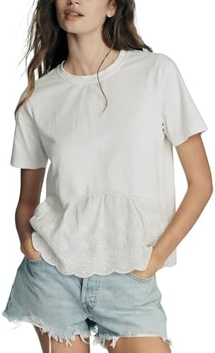 Women's Cropped Babydoll Tops Casual Embroidered Shirts Lace Panel Crewneck Blouse T Shirts Trend... | Amazon (US)