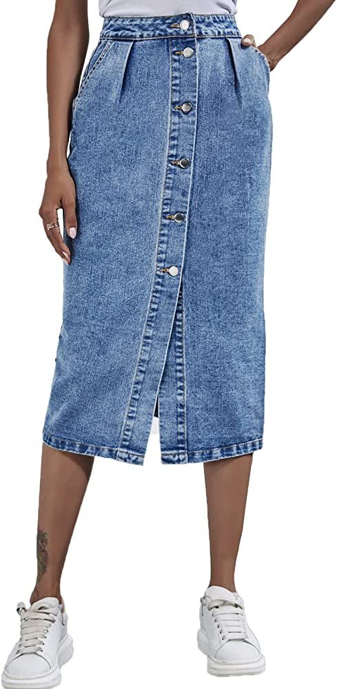 Long Denim Skirts for Women Maxi Paperbag High Waist Frayed Raw Hem A line Flare Jean Skirt with ... | Amazon (US)