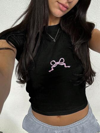 SHEIN EZwear Women's Summer Butterfly Print Stand Collar Short Sleeve Casual T-Shirt | SHEIN