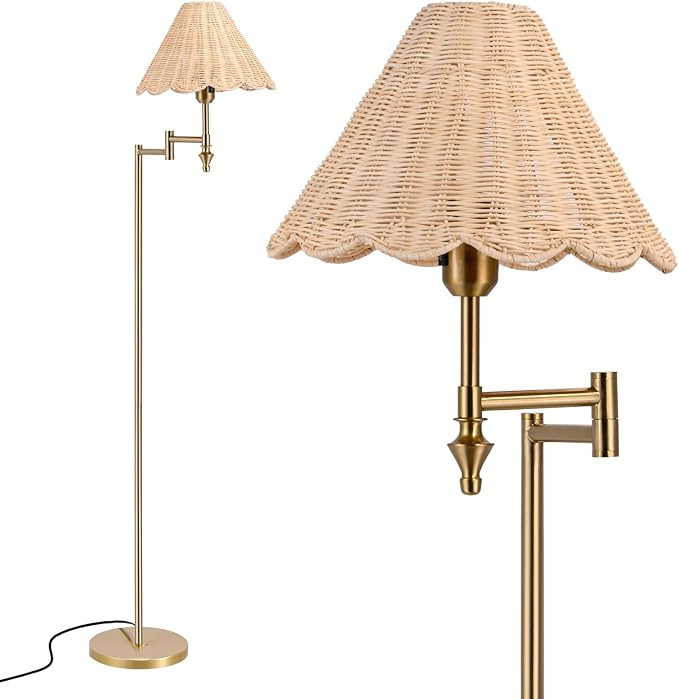 Boho Rattan Floor Lamp with Swing Arm, Natural Standing Lamp with Adjustable 310° Arm, Hand Wove... | Amazon (US)