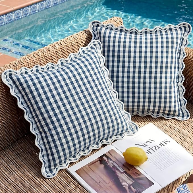 18x18 Navy Blue Checkered Plaid Scalloped Outdoor Throw Pillows Waterproof & Sunproof Set of 2, C... | Amazon (US)