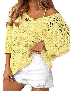 Dokotoo Women's 2026 Spring Summer Crochet Hollow Out 3/4 Sleeve Pullover Sweater Off Shoulder T-... | Amazon (US)