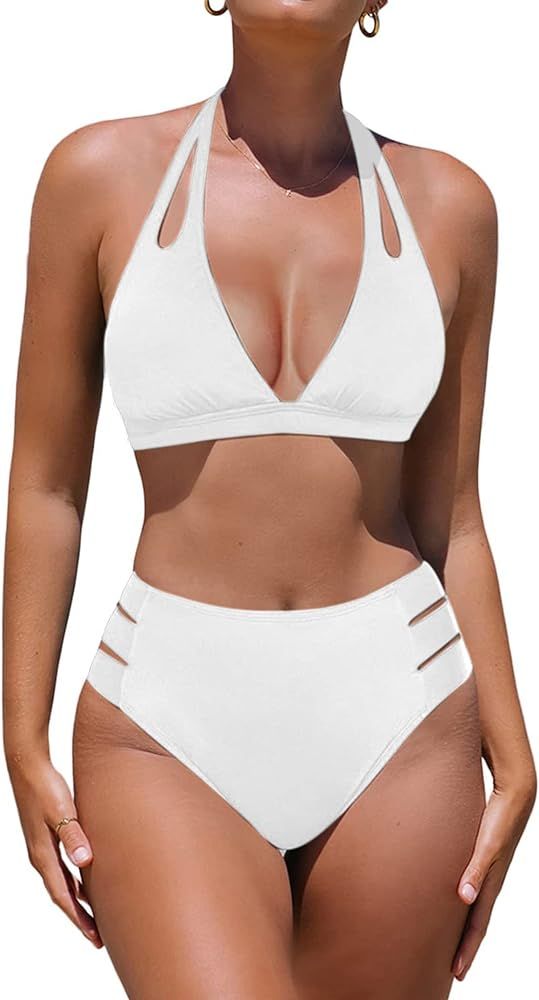 Hilinker Bikini Sets for Women High Waisted Bathing Suits V Neck 2 Piece Swimsuit | Amazon (US)
