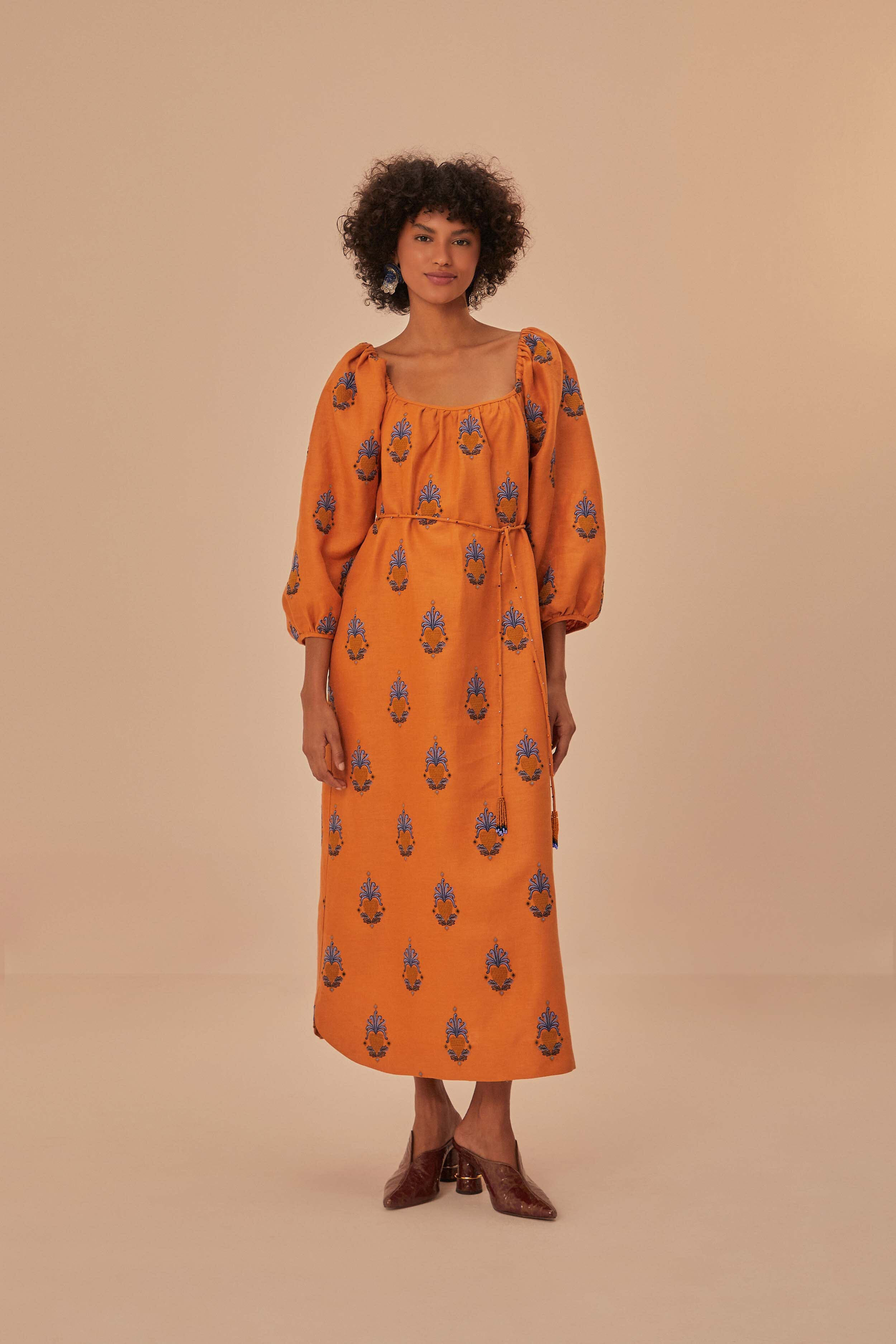Yellow Embroidered Midi Dress | FarmRio (US)