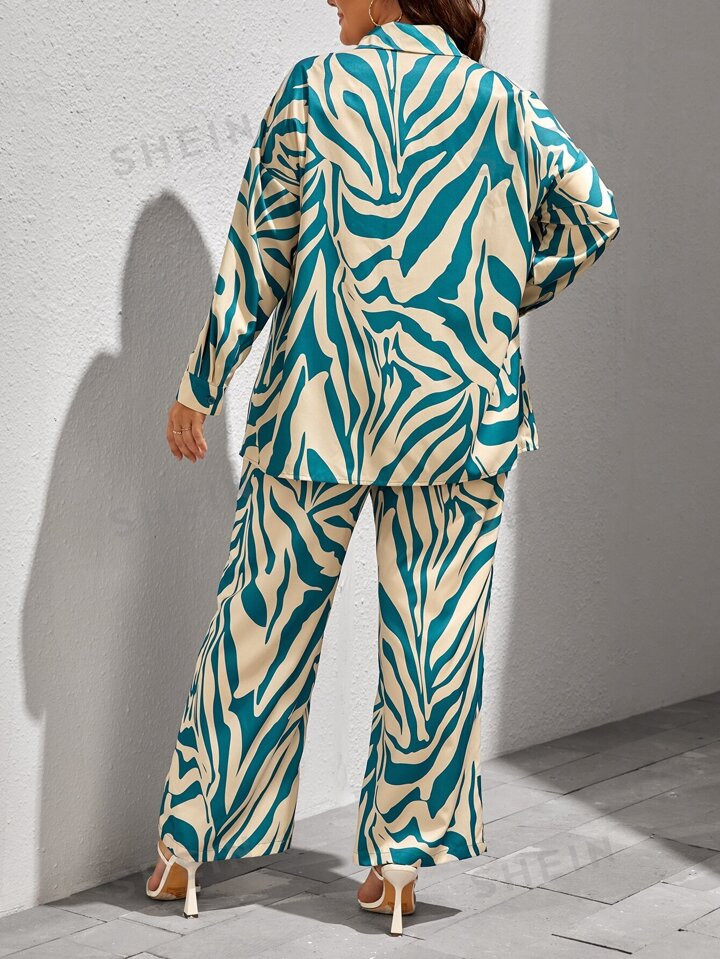 SHEIN Clasi Plus Zebra Striped Drop Shoulder Shirt & Pants | SHEIN