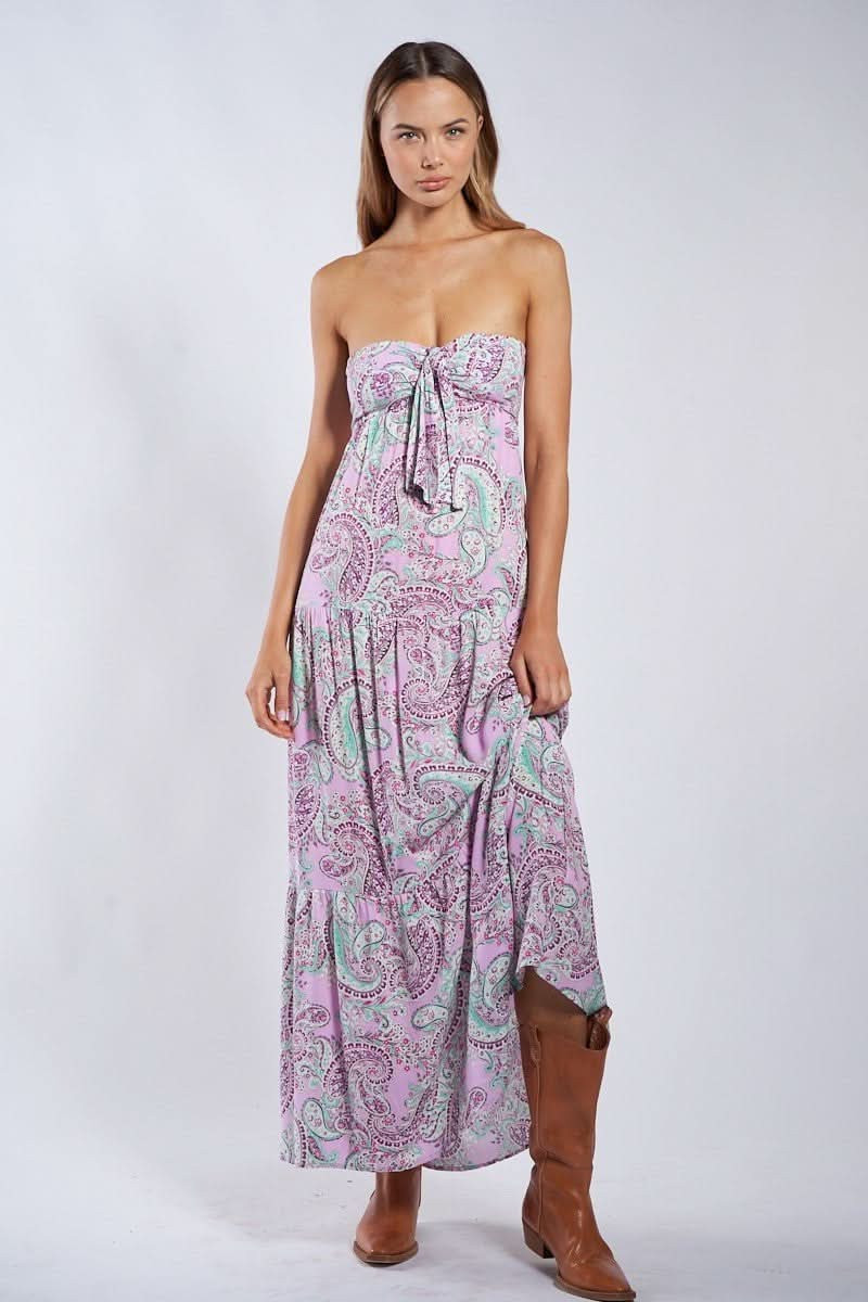 Selene Pink Paisley Floral Strapless Maxi Dress M | Boho Pink