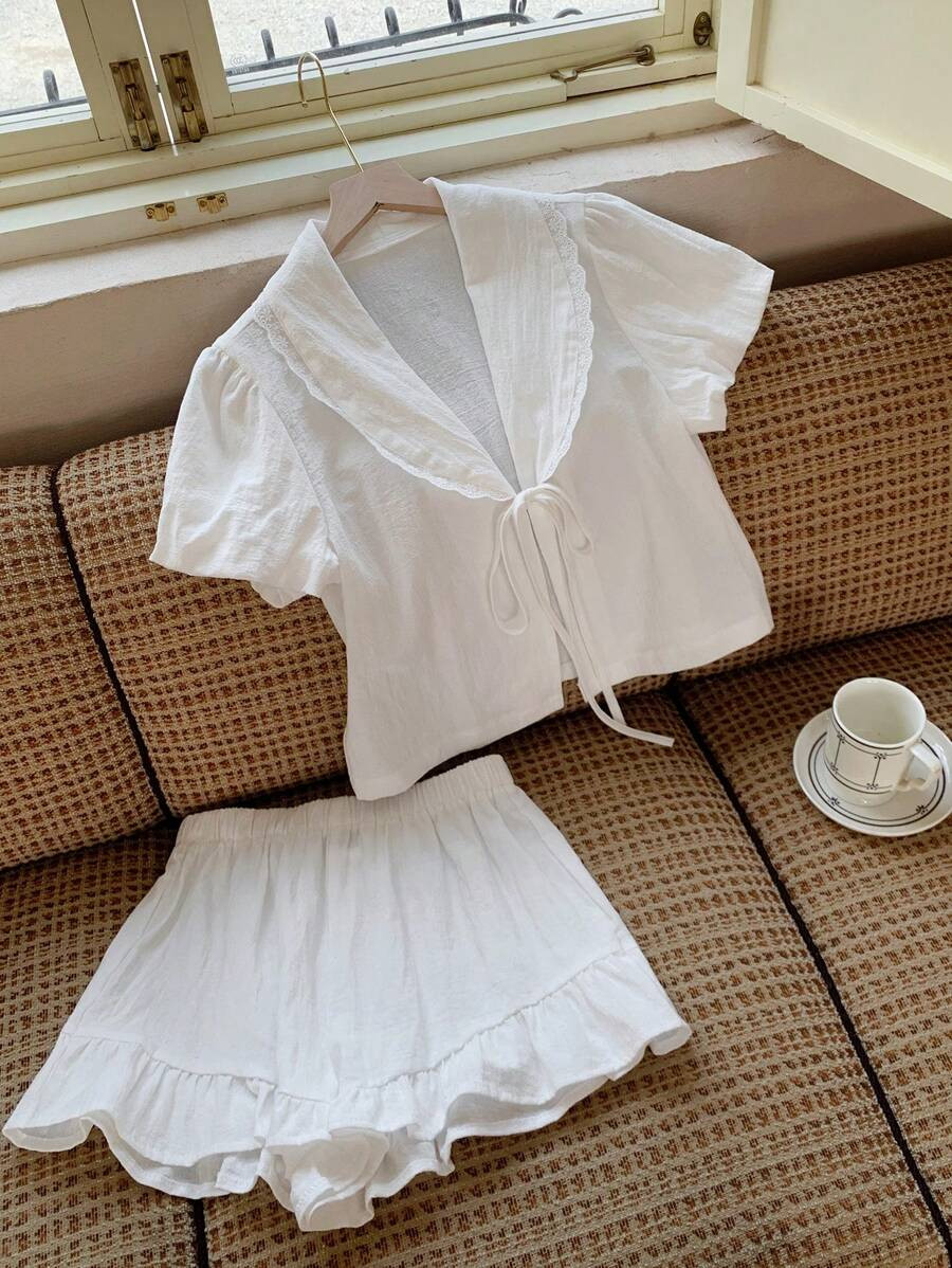 Comfortcana 2pcs Set: Women's Solid Color Collared Short Sleeve Tie-Front Shirt With Shorts | SHEIN