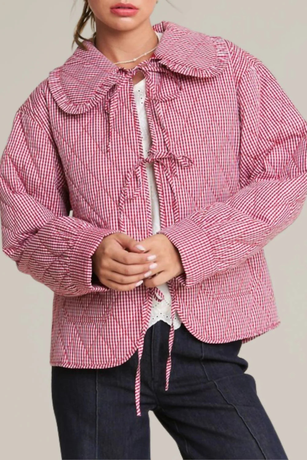 Tie Front Quilted Jacket In Red Gingham | Shop Simon