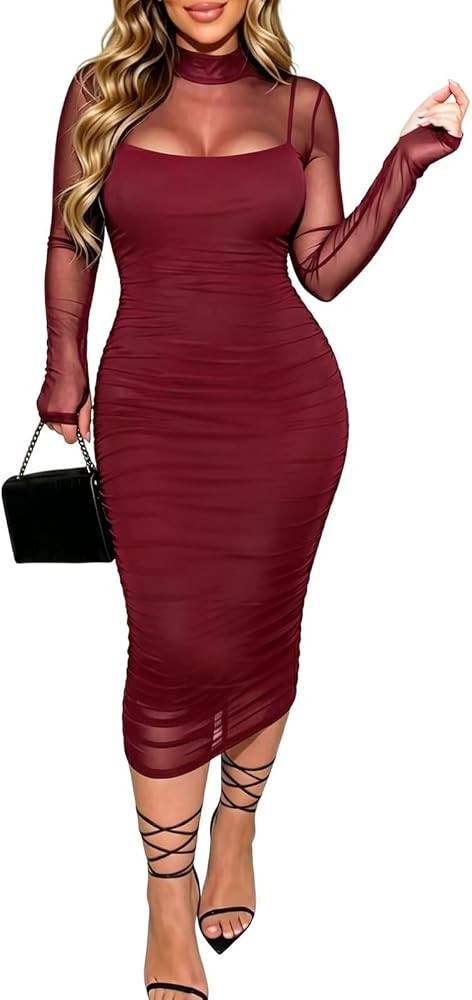 Women Mesh Long Sleeve Midi Dress Mock Neck Ruched Club Party Dress | Amazon (US)