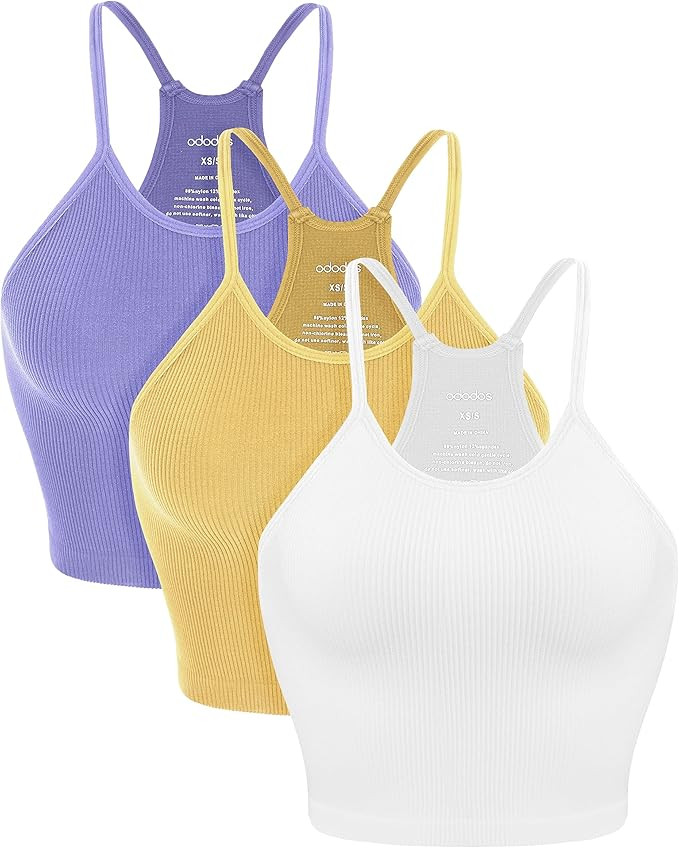 ODODOS Women's Crop 3-Pack Washed Seamless Rib-Knit Camisole Crop Tank Top | Amazon (US)