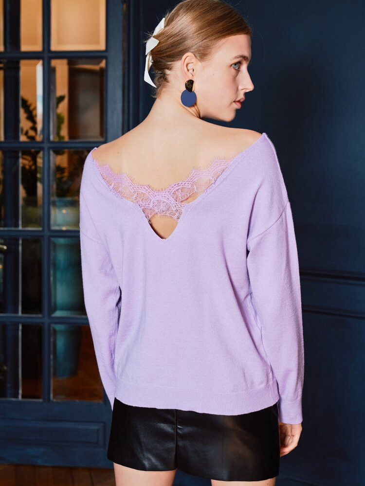 SHEIN Frenchy Solid Drop Shoulder Criss Cross Eyelash Lace Trim Sweater | SHEIN