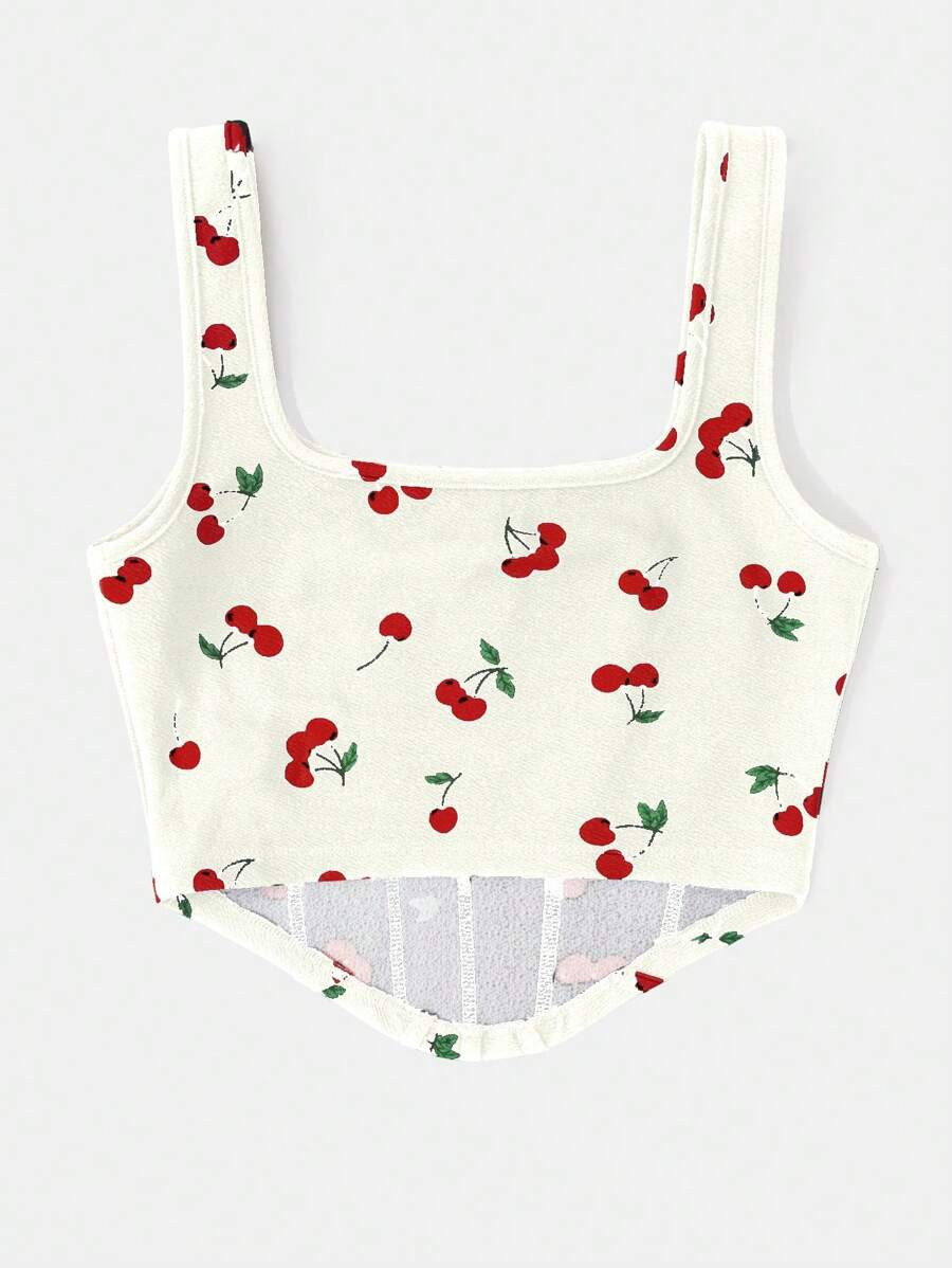 SHEIN VCAY Cherry Print Fitted Knit Tank Top, Great For Vacation | SHEIN