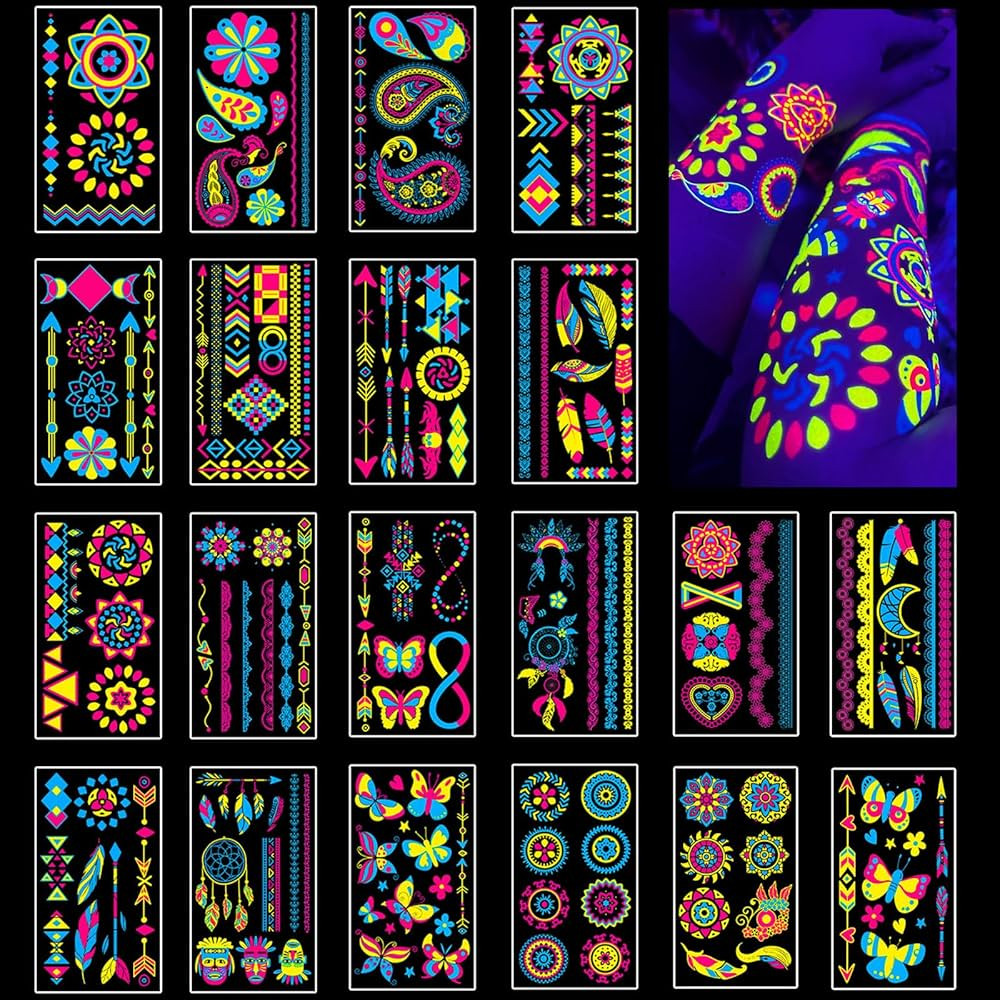 Temporary Tattoos 170 PCS Glow in The Dark Tattoos that React to Neon UV Black Light, Tattoos for... | Amazon (US)