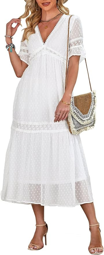 Bdcoco Women's V Neck Floral Lace Wedding Dress Short Sleeve Bridesmaid Evening Party Maxi Dress | Amazon (US)