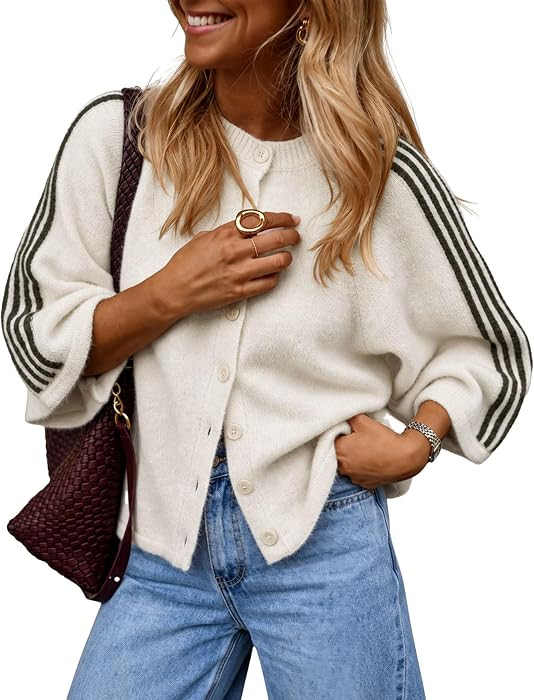 Daacee Women Oversized Striped Cardigan Short Sleeve Button Front Sweater | Amazon (US)