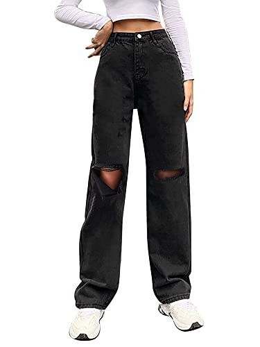 Genleck Women Loose Ripped Boyfriends Jeans High Waist Baggy Denim Pants Distressed Wide Leg Jeans Y2K Black Small | Amazon (US)