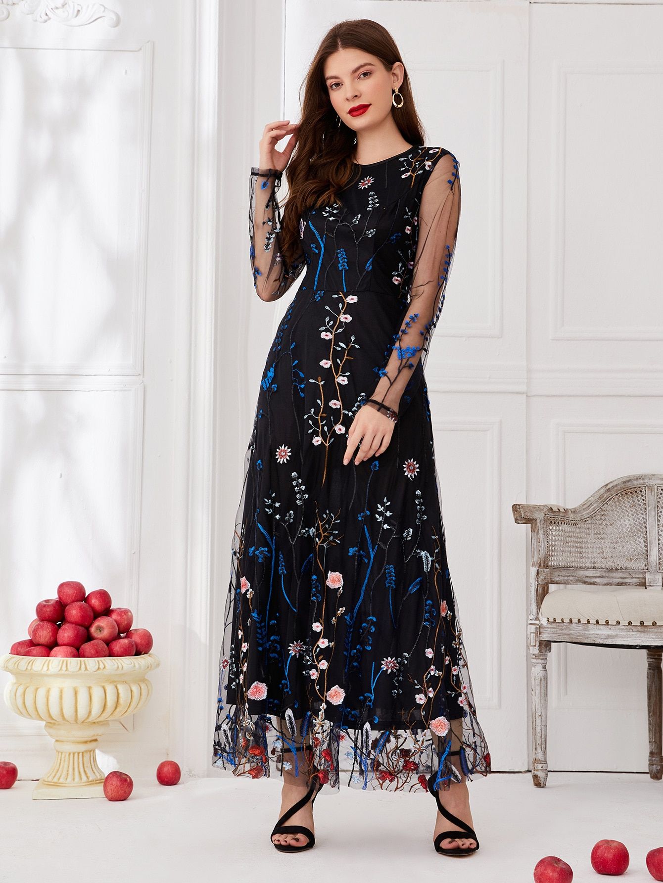 Floral Embroidery Mesh Overlay Dress | SHEIN
