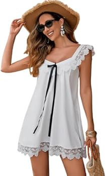 French Romantic A-Line Dress for Women - Cotton Mini Dress with Lace Trim and Bow | Amazon (US)