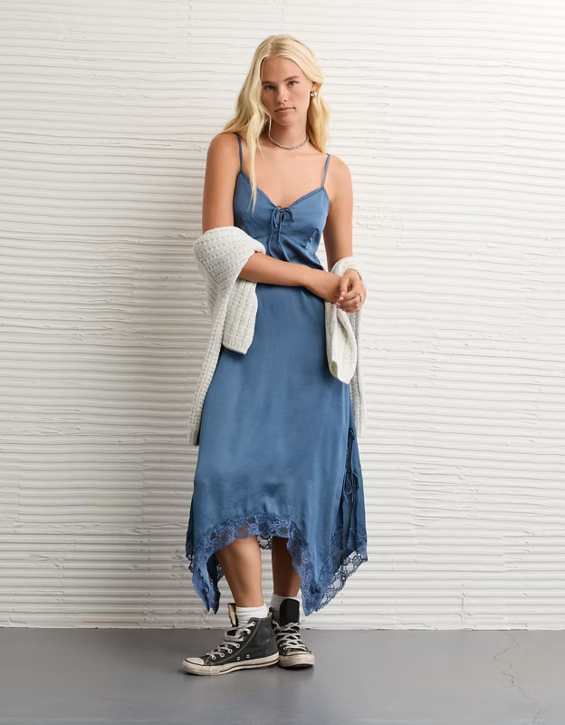 AE Handkerchief Hem Tie Side Midi Slip Dress | American Eagle Outfitters (US & CA)