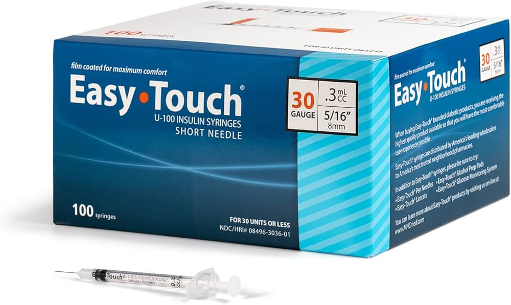 EasyTouch U-100 Insulin Syringe with Needle, 30G 0.3cc 5/16-Inch (8mm), Box of 100 | Amazon (US)