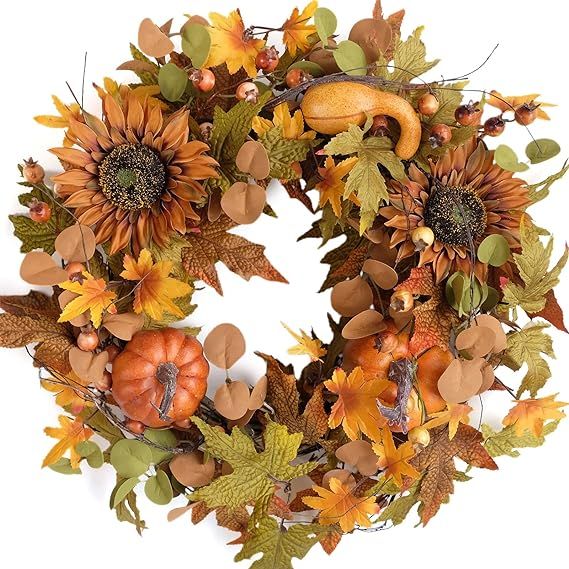 GAUDIUM 20" Sunflower Pumpkin Berry Maple Leaf Autumn Wreath for Thanksgiving Day Halloween Decor... | Amazon (US)