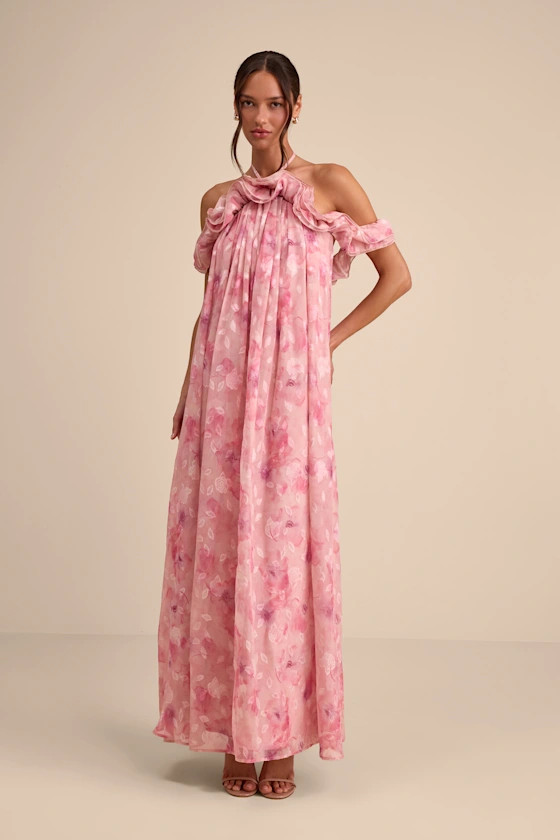 Amia Pink Floral Burnout Ruffled Shift Maxi Dress | Spring Wedding Guest Dress Spring | Lulus