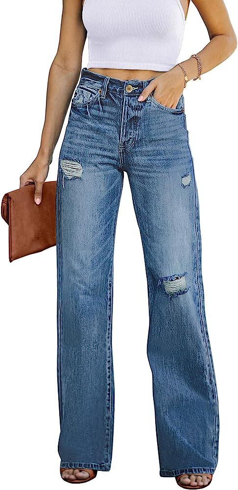 Utyful Women's High Waist Relaxed Fit Ripped Jeans Stretchy Flare Jeans Denim Pants | Amazon (US)