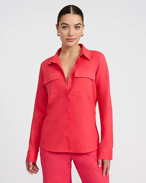 Linen-blend Double Flap Pocket Utility Portofino Shirt | Express
