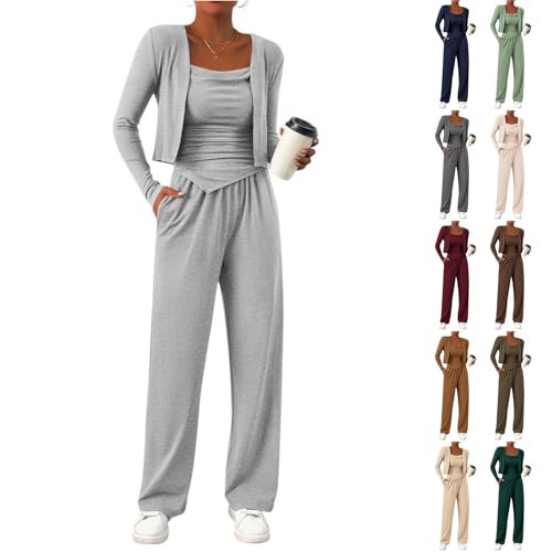 3 Piece Lounge Sets for Women Long Sleeve Open Front Cropped Cardigan Lightweight Cute Sleeveless Cami Top Baggy Wide Leg High Waisted Sweatpants with Pockets Gym Workout Athletic Set Light Gray XL | Amazon (US)