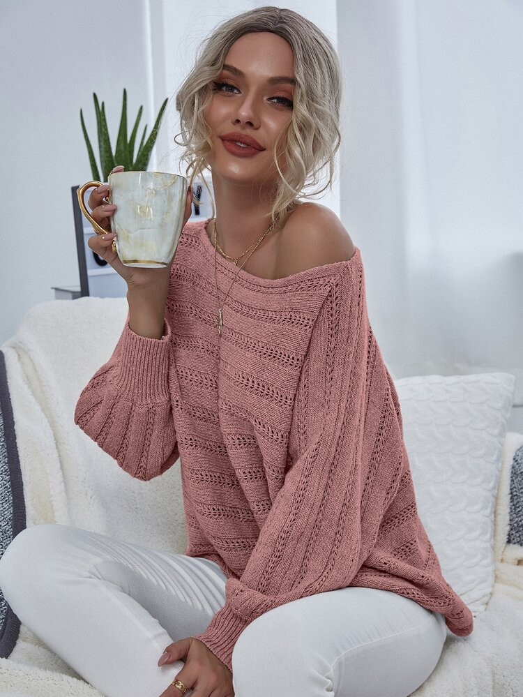 Pointelle-Strick Pullover mit Fledermausärmeln | SHEIN
