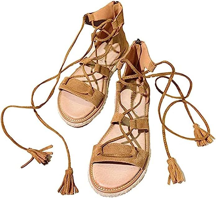 Women's Flats Sandals Comfy Lace Up Strappy Zip Closure Leather Gladiator Casual Outdoor | Amazon (US)