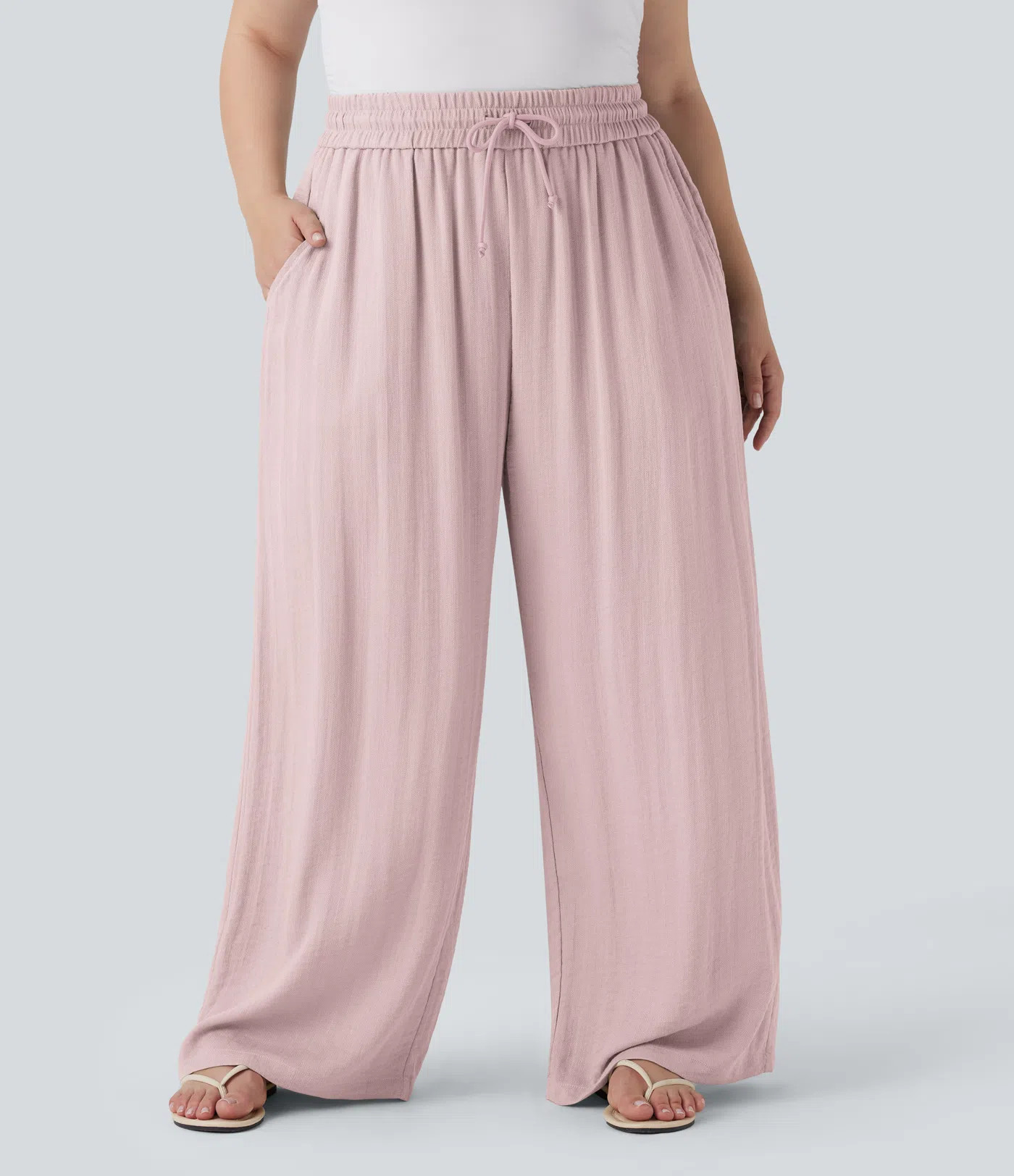 Women’s High Waisted Drawstring Linen-Feel Wide Leg Casual Plus Size Pants with Pockets - Halar... | HALARA