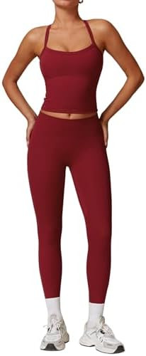 Womens Workout Sets Two Piece Cross Back Tank Top Matching High Waist Leggings Sets Gym Outfits W... | Amazon (US)