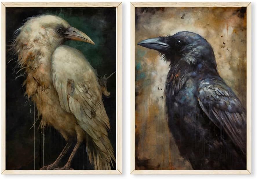 Vintage Medieval Black Crow White Crow Canvas Wall Art Halloween Raven Poster Wiccan Print Painti... | Amazon (US)