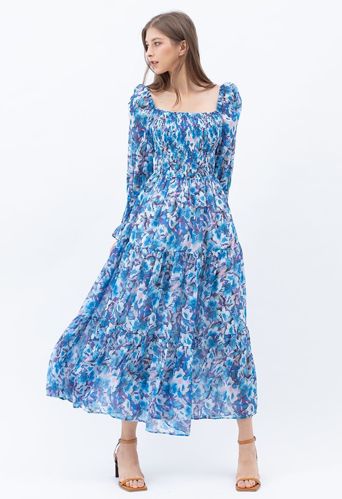 Watercolor Floral Shirred Frilling Midi Dress in Blue | Chicwish