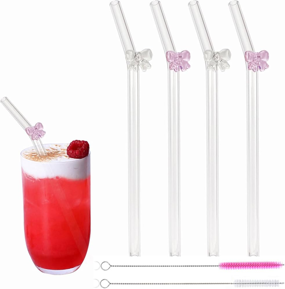 Reusable Pink Glass Straws with Charms, Cute Bow Glass Straw with 2 Cleaning Brush for Coffee Lov... | Amazon (US)