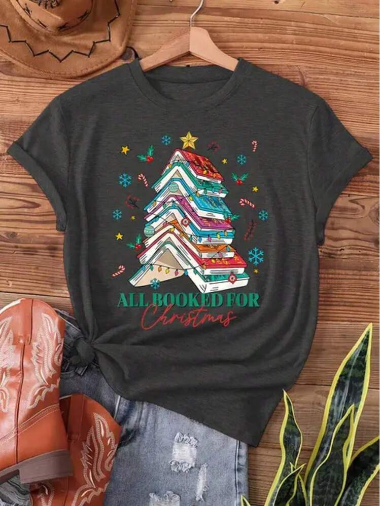 Women's Vintage Book-Themed Christmas Tree & Book Lover Print T-Shirt - All Booked For Christmas Short Sleeve Crew Neck Casual Top With Book Stack & Literary Design, All-Season Comfort Fit For Book Clubs & Holiday Parties, Festive Bookish Outfit, Semi- Fabric, Machine Washable, Vibrant Book & Christmas Tree Print, Relaxed Fit For Casual Attire | SHEIN