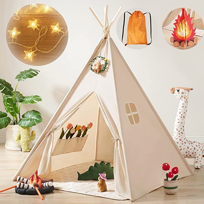 Kids-Teepee-Tent with Lights & Campfire Toy & Carry Case, Natural Cotton Canvas Toddler Tent - Wa... | Amazon (US)
