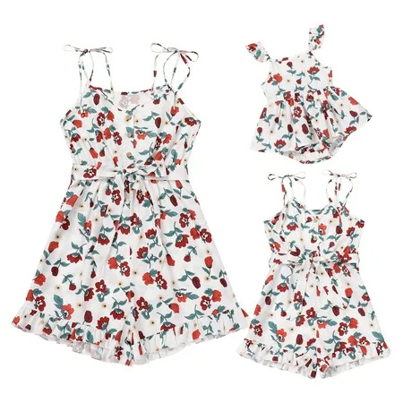 IDOPIP Mom and Daughter Outfits Floral Tie Strap Mommy and Me Matching Outfits M Red Flower | Walmart (US)