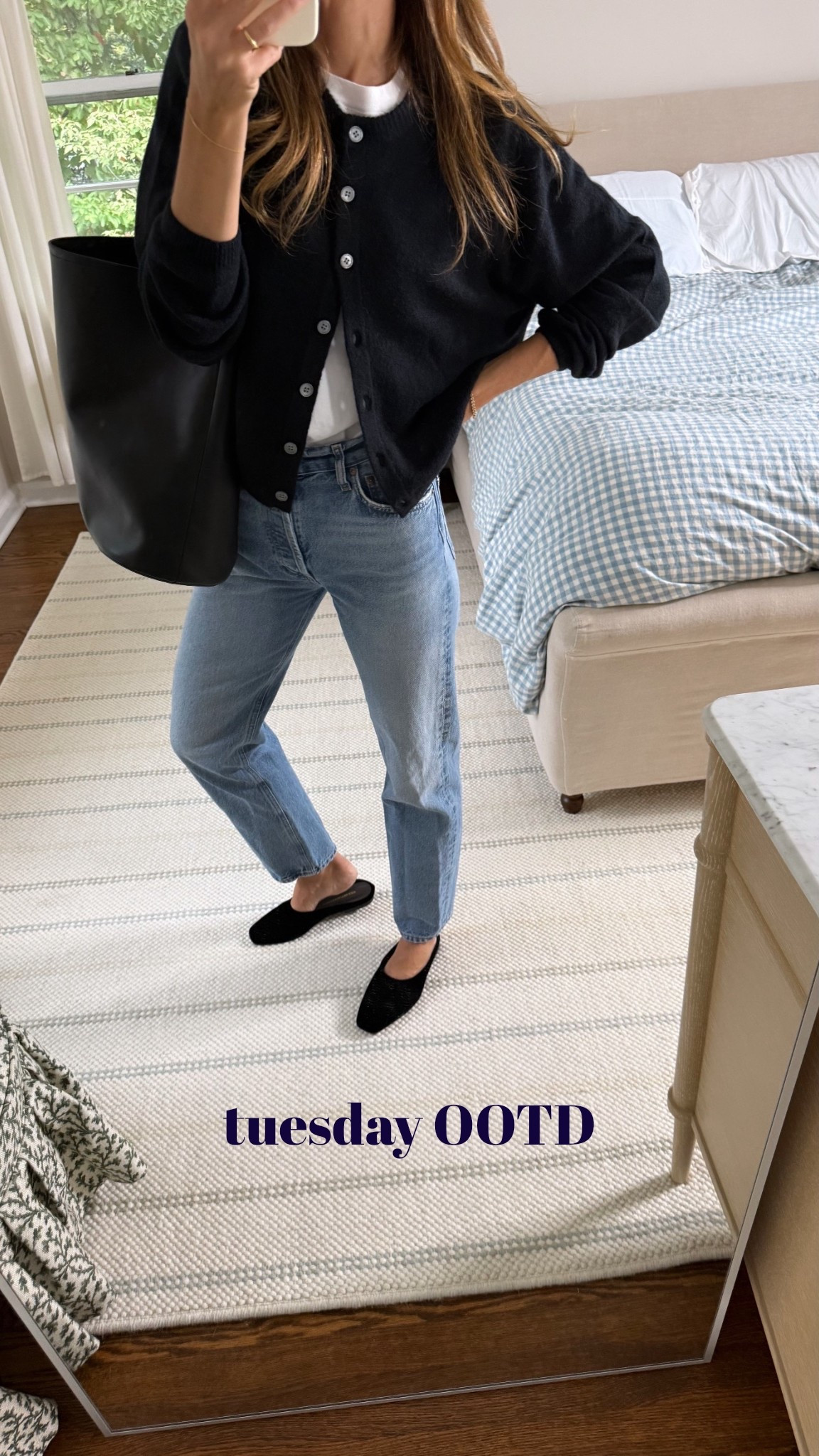 Couldn’t resist a mirror selfie this morning. So obsessed with a collection of my favorite brands all on me in one day! Margaux + Alex Mill shoe collab • AGOLDE 90’s … my best selling pair of denim BY FAR • J. Crew premium weight T-shirt, Supersoft cardi, and Berkeley bag. So simple but so chic. Happy Tuesday! 

#LTKWorkwear #LTKStyleTip #LTKSeasonal