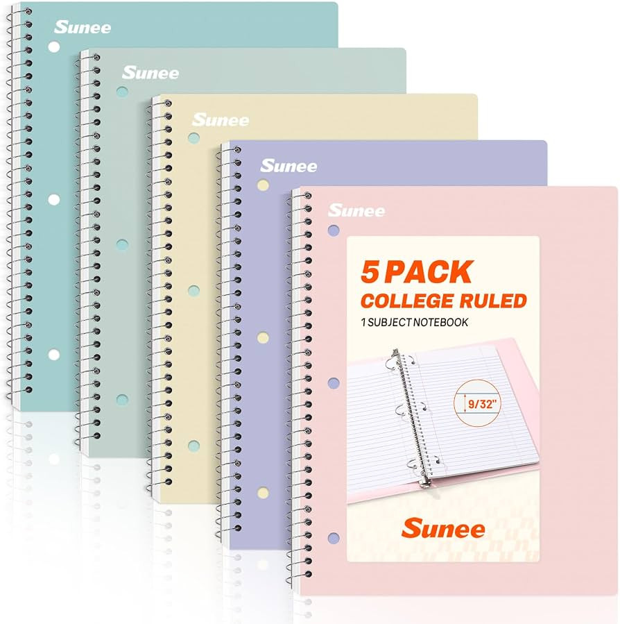 SUNEE Spiral Notebooks, 1-Subject, 5 Pack, College Ruled Paper, 8" x 10-1/2", 70 Sheets per Noteb... | Amazon (US)