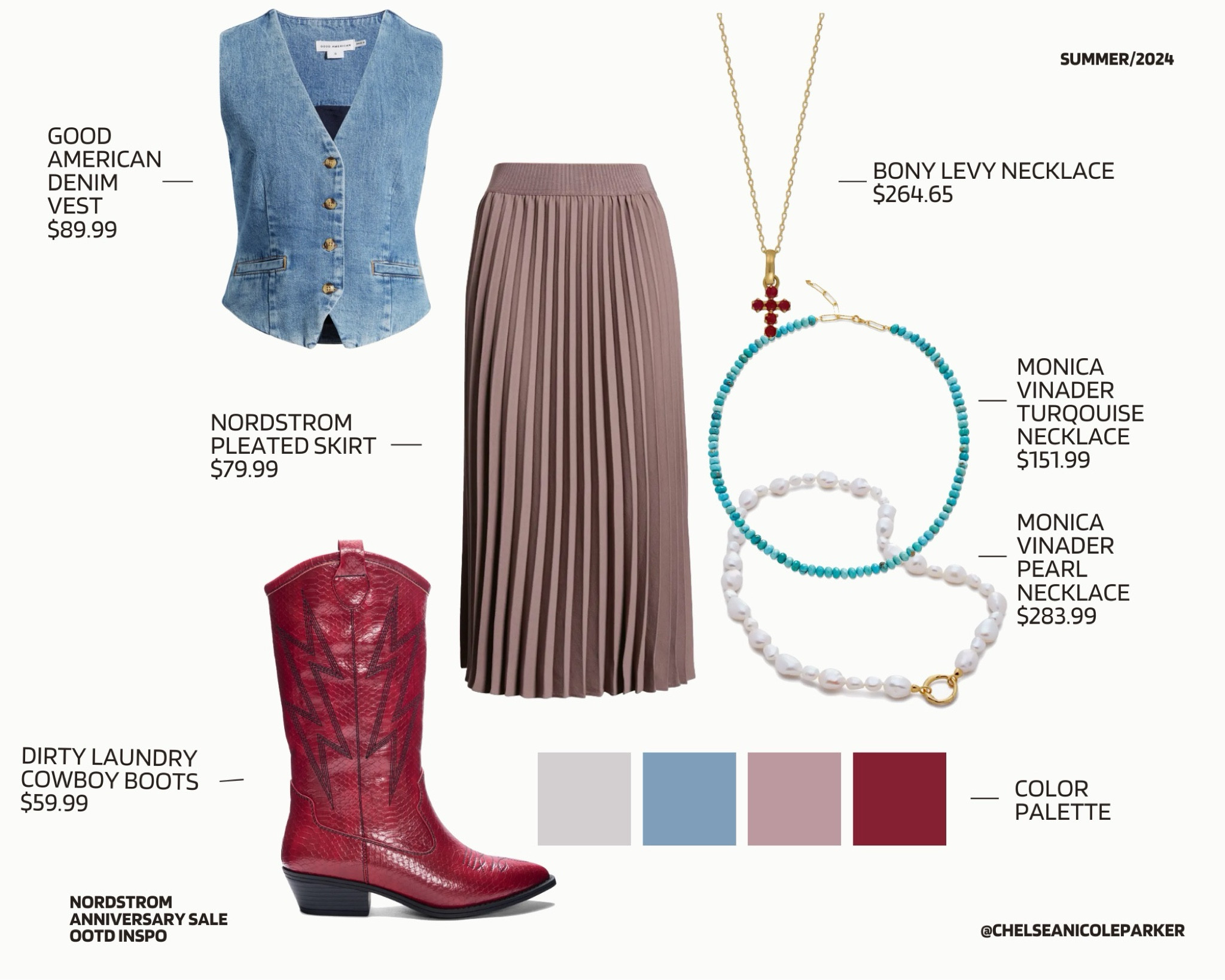 Good American Denim Vest + Nordstrom Lilac Pleated Midi Skirt + Jeffrey Campbell Res Cowboy Boots + Cross Necklace + Turquoise Necklace + Pearl Necklace - Nordstrom Anniversary Sale / Concert Outfit / Summer Outfit / OOTD Inspo

#LTKSaleAlert #LTKxNSale #LTKFindsUnder100